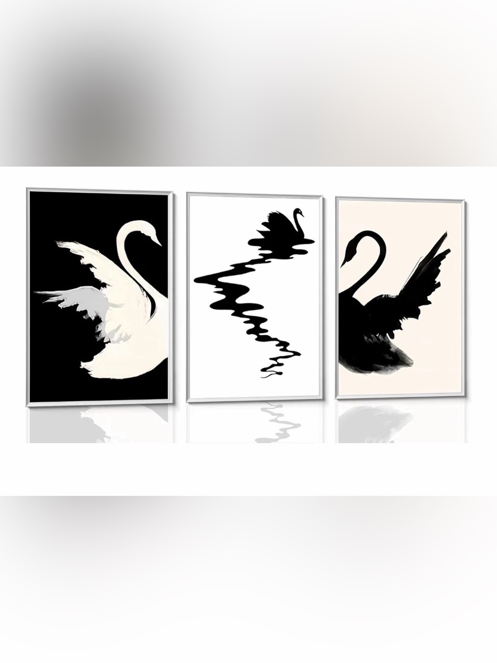 New set of 3. 16x24 Monochrome Swan Trio Wall Art Prints UNFRAMED